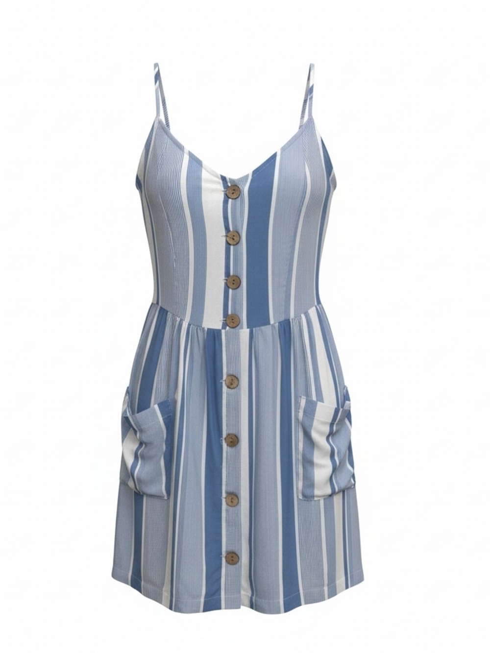 Ocean Drive Women's Mini Dress Size LG Blue White Strip Wood Buttons Straps Boho
